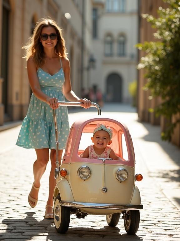 Realistic vertical image of a vintage Mini Cooper styled baby stroller. Cream and pastel-pink paint with chrome bumpers. A baby girl sits happily inside stroller. Woman wears light blue sundress with white polka dots. They stroll along a cobblestone path in a European-style city square. Warm sunlight and cinematic shadows create a high realism effect.