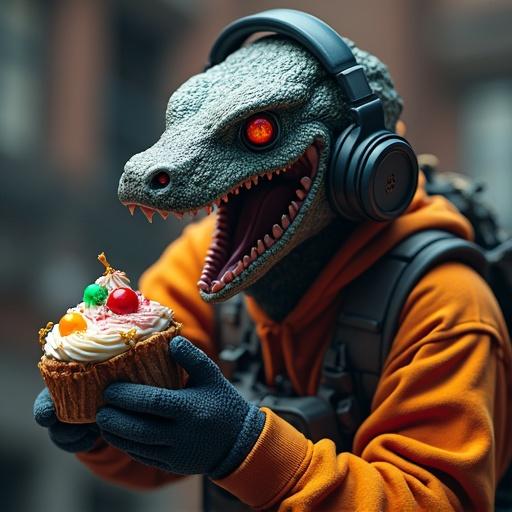 Snake head humanoid gamer. Casual clothes worn. Playing Counter Strike. Wears headphones. Holds tutti frutti cake slice.
