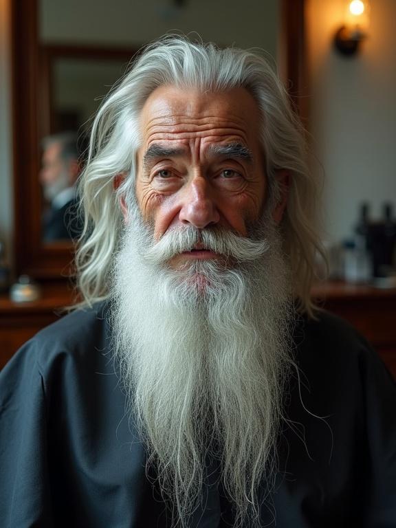 Pre-haircut scene in a barber's setting with an elderly man. He has silver-white long hair and a big beard. He's seated in a barber's chair. Directly faces the viewer with a mix of expressions like fear and shock. A barber's hand is fixing a strand of hair. Cold lighting enhances the details. The background is a blurred mirror showing wood and leather.