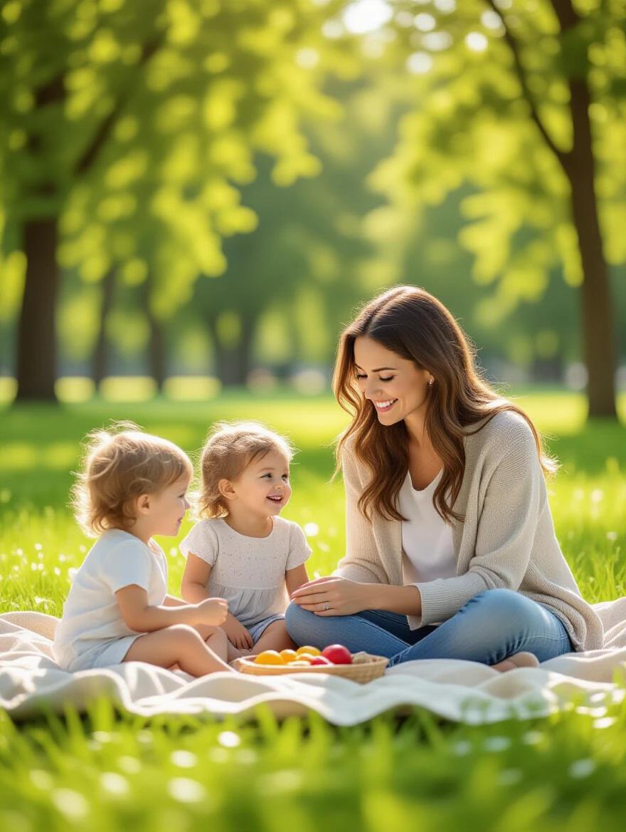 Photographic image of mother playing with children in a park. A serene atmosphere full of greenery. The mother looks happy and relaxed. Children play joyfully. Natural light enhances the vibrant colors. A sense of freedom and joy pervades the scene.