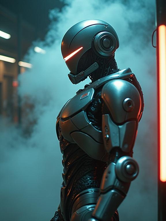 Cinematic shot of a Robocop inspired character at a charging station. Character features sleek metallic exoskeleton and glowing visor. The scene includes a charging rod and is surrounded by vapor. Lomography film effects applied. Telephoto lens used for bokeh background. Dramatic sidelighting reveals contours and shine of the armor.