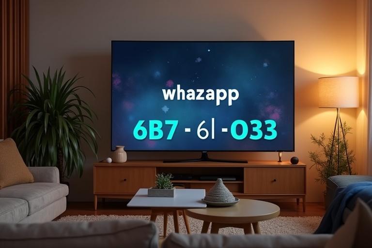 Display 'whazapp' with characters '6B7-6l-O33' on TV in modern living room. Include cozy couch, coffee table, and house plants with warm lighting.