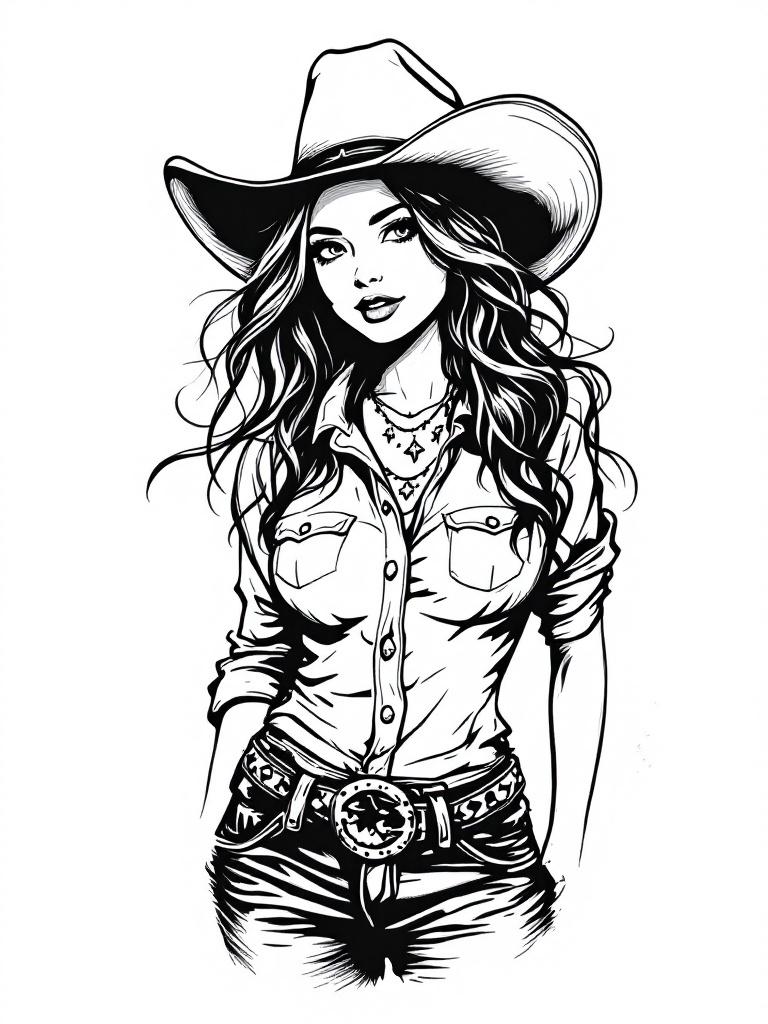 Vector outline of a southern cowgirl. The character is posed in a confident and flirtatious manner. She is wearing a western shirt and jeans with a hat. The design is minimalist and uses only black and white colors. Details include accessories like a necklace and belt buckle.