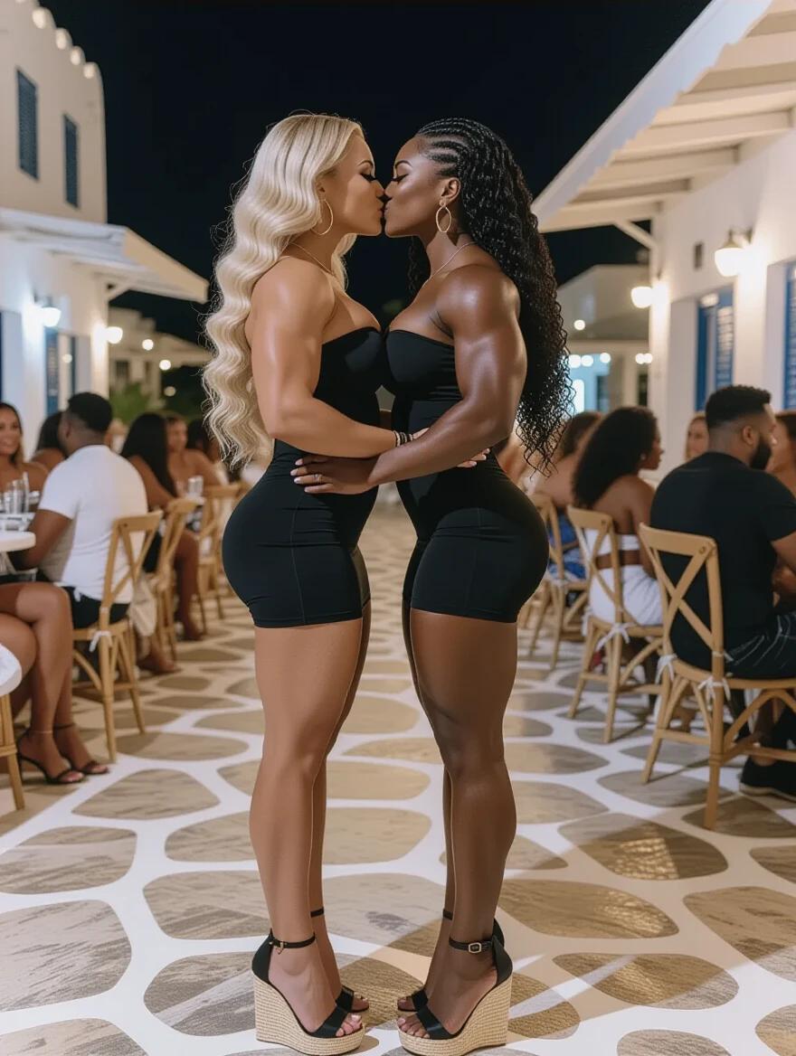 Two enormous female bodybuilders stand face to face in a Mykonos bar. The white Russian has long wavy blonde hair while the black Nigerian features long curly hair. Both wear black strapless bandage dresses and high espadrille heels. They are ready to kiss amid a lively evening crowd.