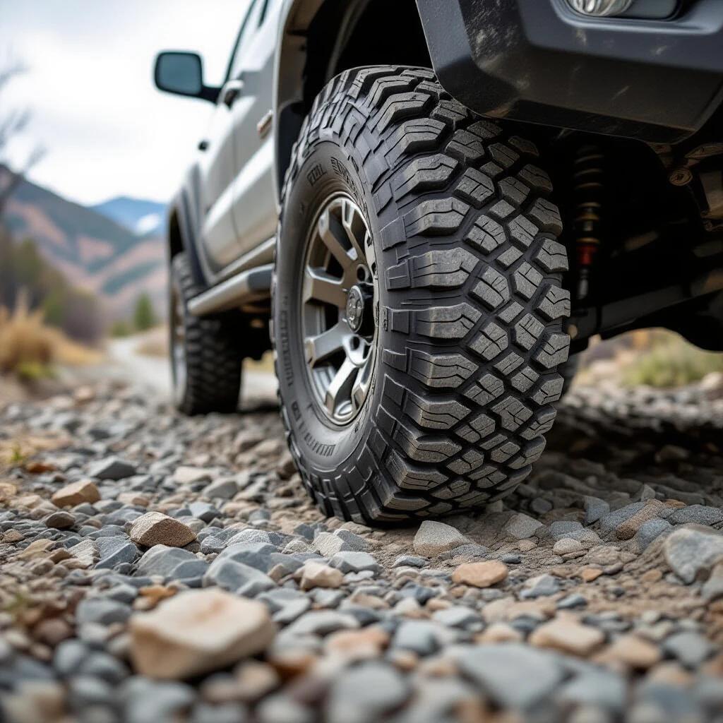 Close-up macro photo of a truck tire on a rocky path. Tire shows grip and durability. Truck is blurred in background. Conveys overcoming challenging terrain.