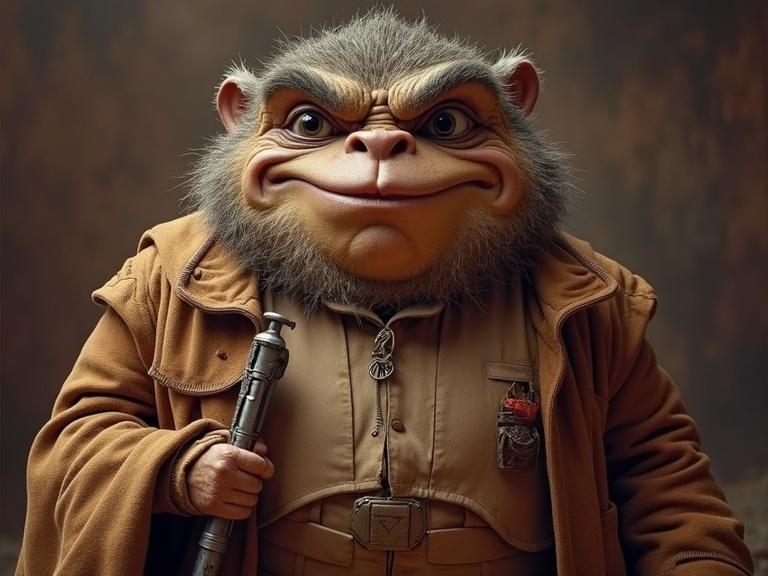 Character resembling J.D. Vance depicted as an alien with a friendly expression. The character has a furry face and brown clothing, holding a staff. Background has a textured dark theme.