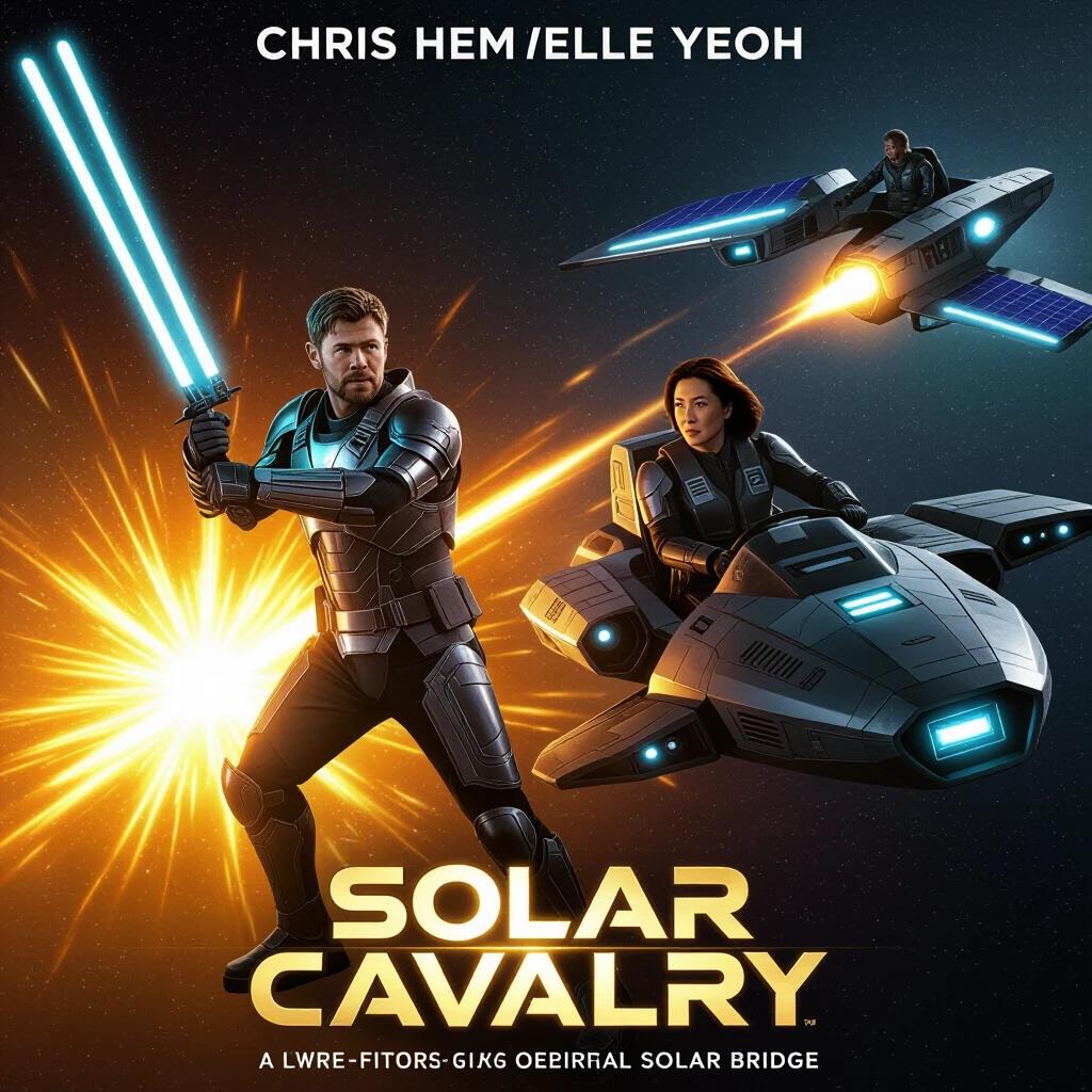 Movie poster titled Solar Cavalry features Chris Hemsworth and Michelle Yeoh. Troopers defend an orbital solar bridge. Hemsworth in armor wields lightsabers. Yeoh piloting a solar craft. Bright solar bloom amidst dark space. Tone evokes heroism and epic battles.