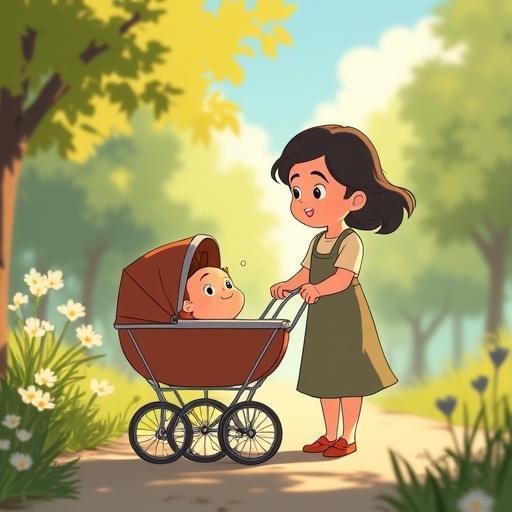 A heartwarming scene in Studio Ghibli style. A smiling baby lies in a vintage baby stroller looking directly at the viewer. A cheerful mother pushes the stroller from behind with a loving smile. Soft spring sunlight illuminates the park background with light trees and flowers. The composition has warm colors and gentle shadows creating a peaceful mood. High-quality illustration.