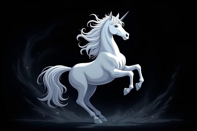 Isolated black background with line art of a majestic anime light gray horse rearing up against a dark swirling backdrop.