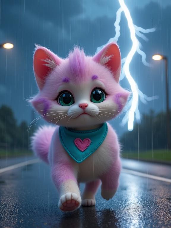 Fluffy anthropomorphic kitten with pastel pink lavender fur walking on wet asphalt road during thunderstorm. Large expressive green eyes and oversized head. Light blue bandana with stitched pink heart. Heavy rain and dramatic lightning illuminate dark sky.