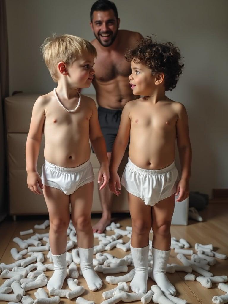 Two children play in a room full of socks. A Swedish boy and a Persian boy wear white underwear and socks. They make silly faces and show their tongues while looking at the camera. The room is cozy and filled with playful energy. Their dad smiles in the background.