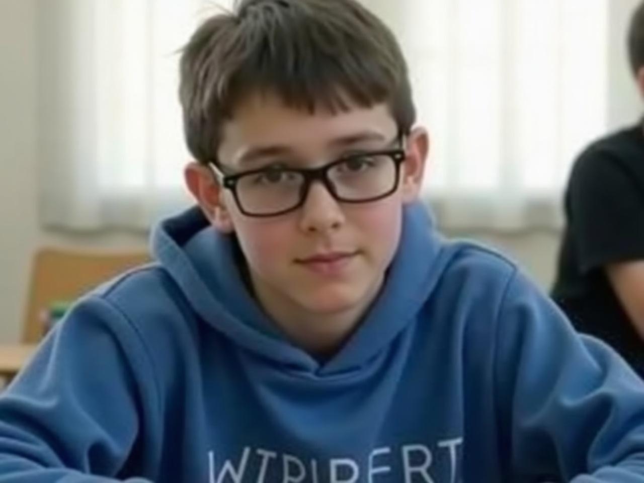 The image shows a young person sitting indoors with a neutral expression. They are wearing a blue hoodie with some text on it. The person has short, dark hair and is wearing glasses. The background is light and includes some curtains or shades filtering sunlight. The focus of the image is primarily on the person's face and upper body. There is a sense of casual environment, possibly in a classroom or study area.