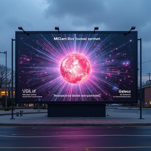 Create a digital billboard showcasing vibrant graphics and bold text. Centerpiece features a striking sun-like image. Background contains dynamic digital patterns. Overlay includes subtle holographic textures. Text emphasizes creative potential with Galaxy Fold 7.
