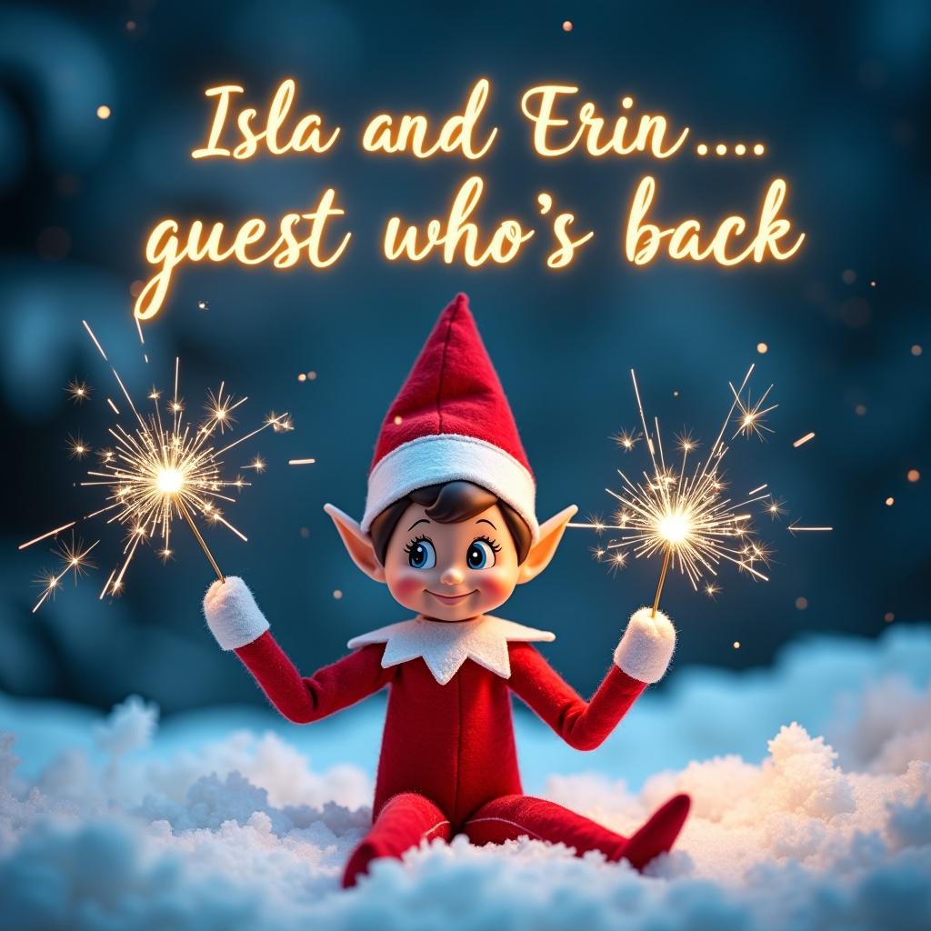 Charming Elf on the Shelf character posed in a snowy landscape at night. Elf dressed in red and white attire. Seated in fluffy white snow. In both hands, holds sparklers emitting shimmering light. Above, whimsical font displays message 'Isla and Erin... guess who's back'. Dark blue sky filled with glowing snowflakes. Captures magic and joy of holiday season.