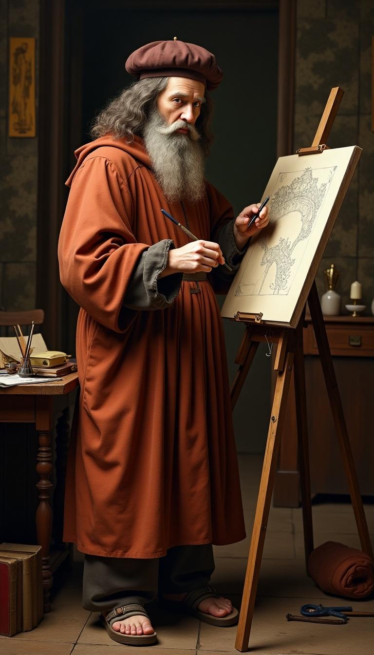 Standing image, detailed full-body representation of a historical figure writing and painting simultaneously in a Renaissance environment. Traditional clothing includes a tunic and beret. Surroundings feature a table with a sketchpad and painting tools. Realistic textures and lighting enhance the scene.