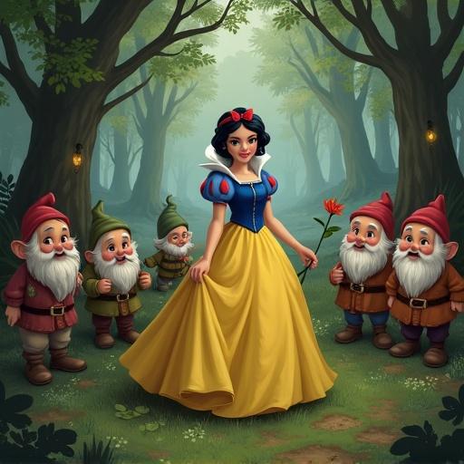 Snow White in a magical forest surrounded by seven dwarfs. Snow White wears a yellow dress and holds a flower. Dwarfs are cheerful and varied in appearance. Forest backdrop is lush with trees and soft lighting.