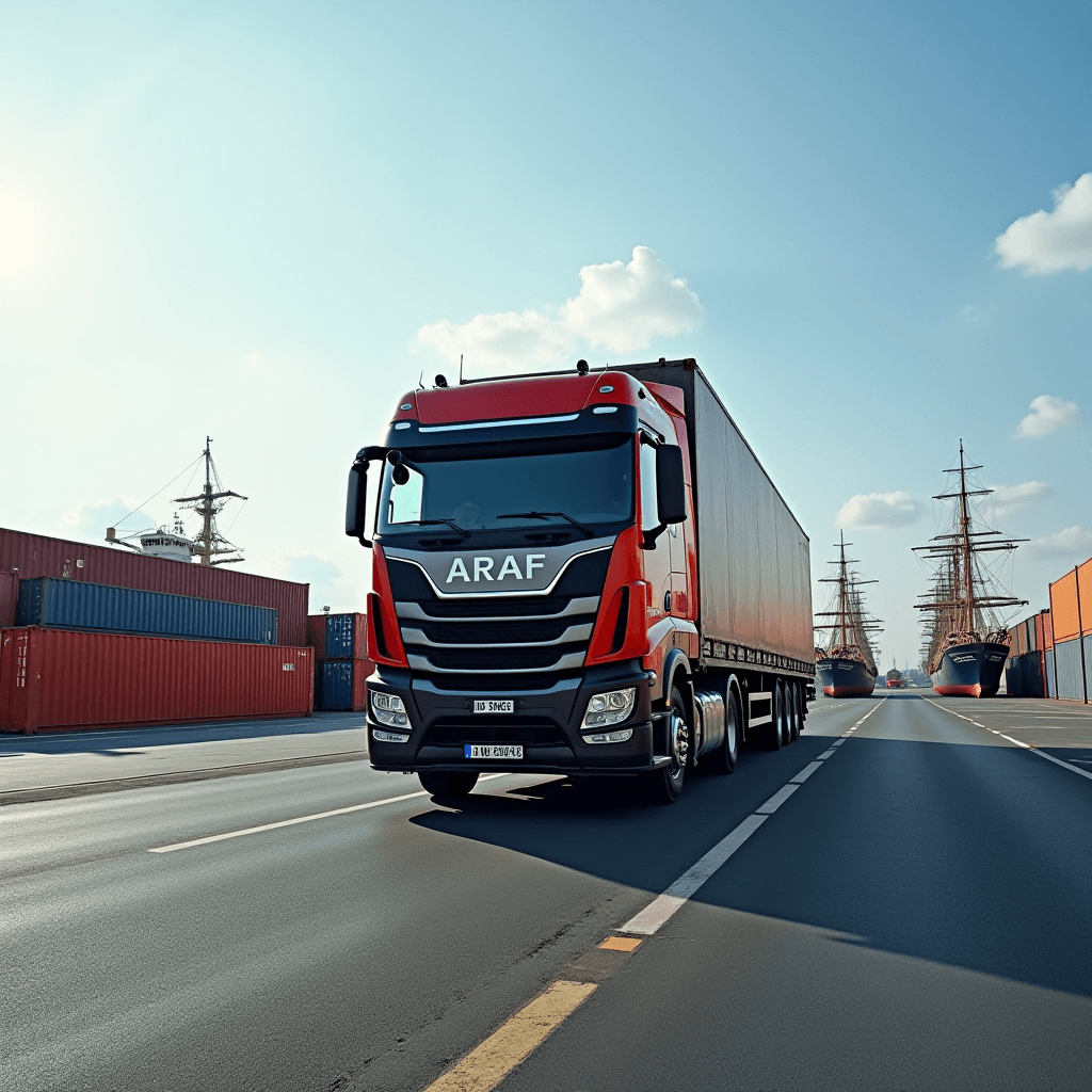 A red truck drives along a port road with stacked shipping containers and large ships in the background.