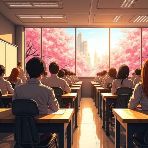 Anime styled scene set in a futuristic classroom. Decorated with light gold and onyx black aesthetics. Students in luxurious outfits taking an exam. Views of a cherry blossom city outside. Bright morning light fills the space.