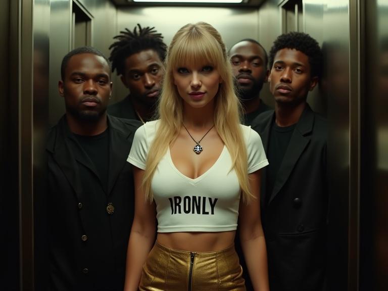 Taylor Swift appears in a crowded elevator. Woman stands in the center with blonde pigtails and blue eyes. She wears a white cropped t-shirt and a gold miniskirt. Other individuals surround her. She smiles and poses for selfies.