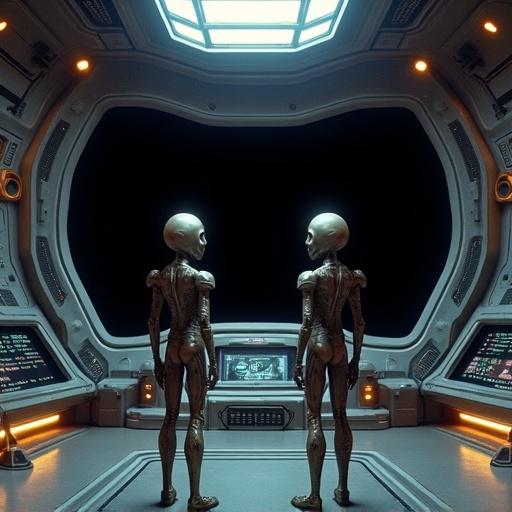 Two aliens stand in a futuristic control room of a starship. They watch a black viewing screen. The environment is filled with advanced monitoring tools and technology.