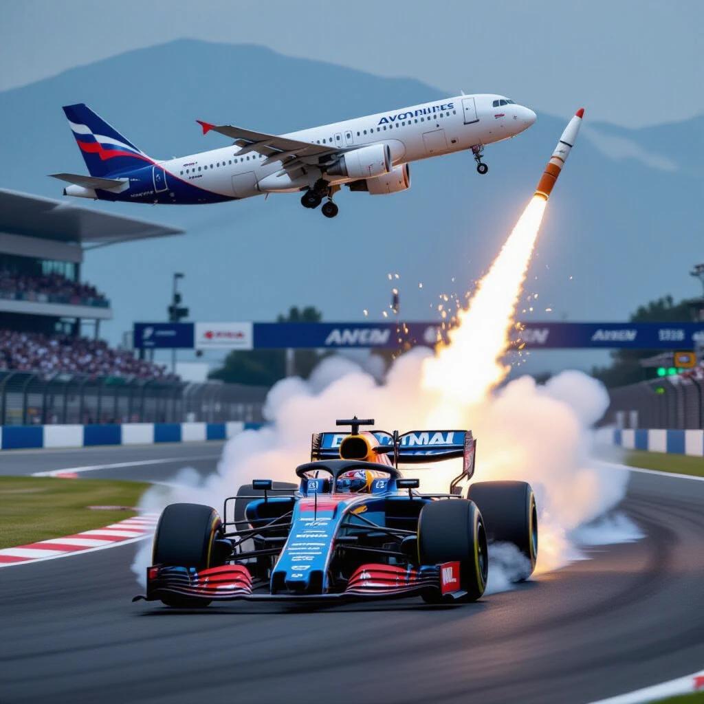A race between a fighter jet and a rocket. The jet is flying above the racing track, while a rocket is launched parallel to a Formula 1 car. The scene is dynamic and intense with smoke and flames for dramatic effect.