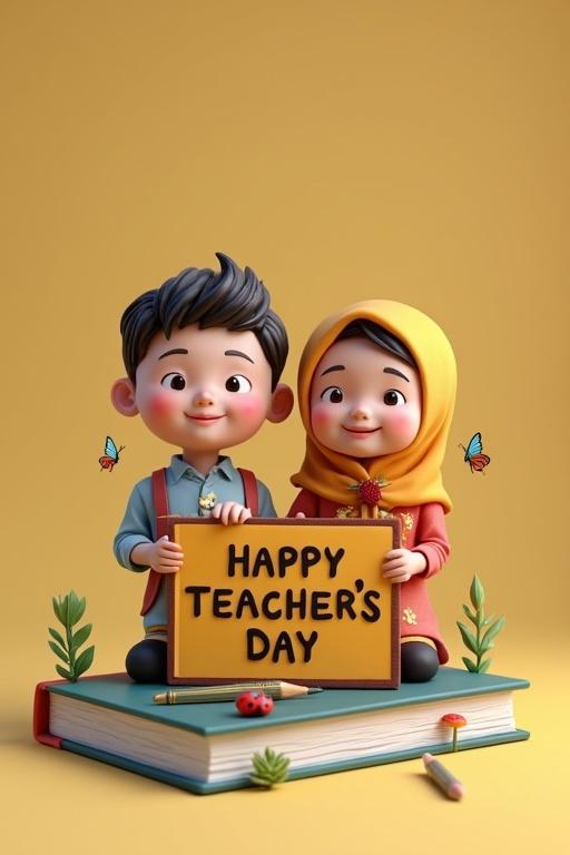 Realistic image of a 3D boy and a girl in hijab holding a sign that says 'HAPPY TEACHER'S DAY'. Decoration includes a book, ladybug, butterfly, and pencil. Text 'SEKOLAH KEBANGSAAN KEPIS' styled in nature pattern above the characters.