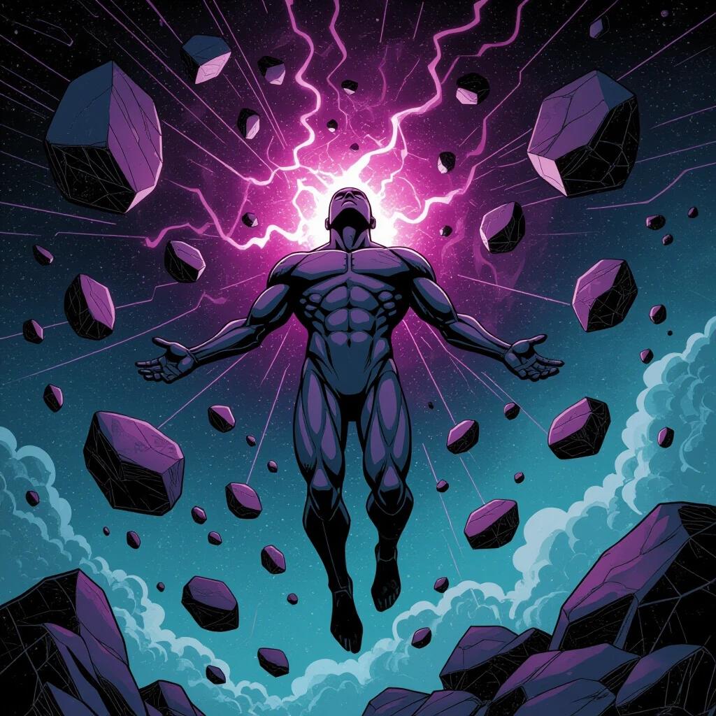 Creature made of floating stones surrounded by a purple aura maintaining those stones. The stones float separately yet interconnected by purple lines. Old comic book style with intricate details and a cosmic black background.