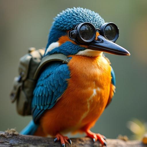 Colorful kingfisher bird wears night vision goggles. Bird has striking blue and orange feathers. Equipped with an army-style backpack. Background is softly blurred. Design inspired by Russian folk art. Evokes adventure and fun mood.