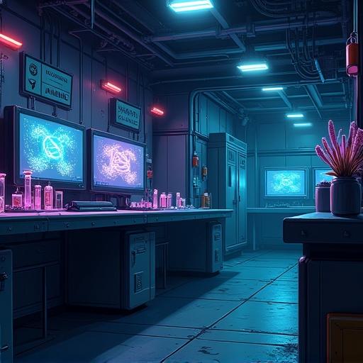 Secret underground laboratory for genetic research with futuristic equipment and glowing monitors. Display DNA double helix holograms. Include mysterious test tubes with glowing samples. Metal walls have warning signs. The scene features dim blue and purple lighting. Create a tense atmosphere with semi-realistic anime style. Add detailed sci-fi background with subtle fog and shadows.