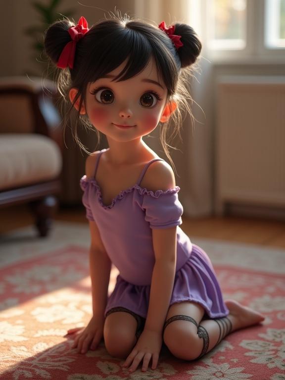 A girl with black twin buns kneels on a patterned rug in a living room. She wears a lavender off-shoulder top, pleated purple skirt, and black thigh-high stockings. Her smile is playful; her eyes are bright and warm. Soft light creates gentle shadows.
