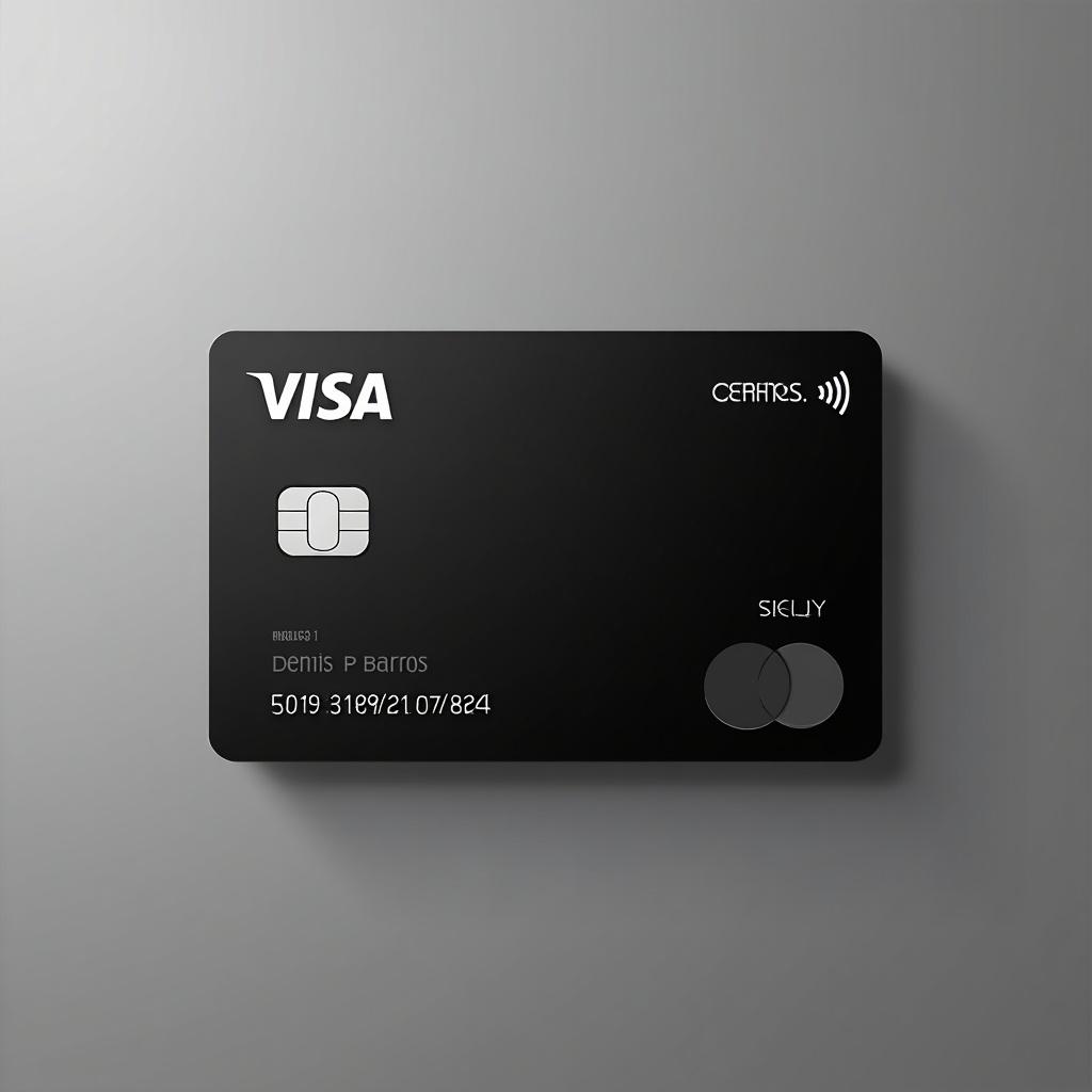 The image showcases a modern black credit card with a Visa logo. The card number is visible along with the name Denis P Barros. The background is gray, highlighting the card's design. It features a contactless payment symbol, conveying sophistication.