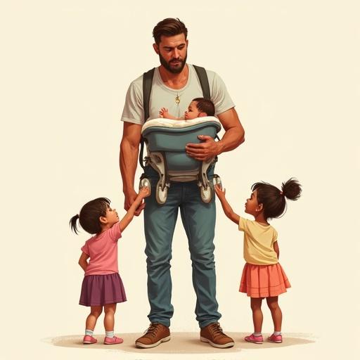Digital illustration of a tired man carrying a baby in a carrier while holding hands with two small girls. Woman leans on his back, looking at her phone. The scene symbolizes the weight of responsibilities. The man looks exhausted. Soft colors used, vertical orientation.