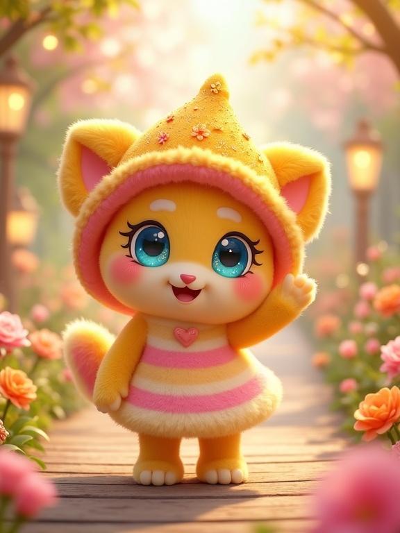 Charming animated creature on a wooden path in vibrant garden. Features a round peach-colored face sparkling blue eyes joyful expression rosy cheeks. Body is fluffy light yellow fur pink accents. Wears a large star-shaped hat matching fur gradient yellow pink small orange white flowers golden glitter. Dress has horizontal pink white yellow stripes sparkles. Standing on two legs one arm raised in cheerful wave other resting by its side. Background is dreamy garden with wooden path flowers glowing lights creating warm enchanted atmosphere.