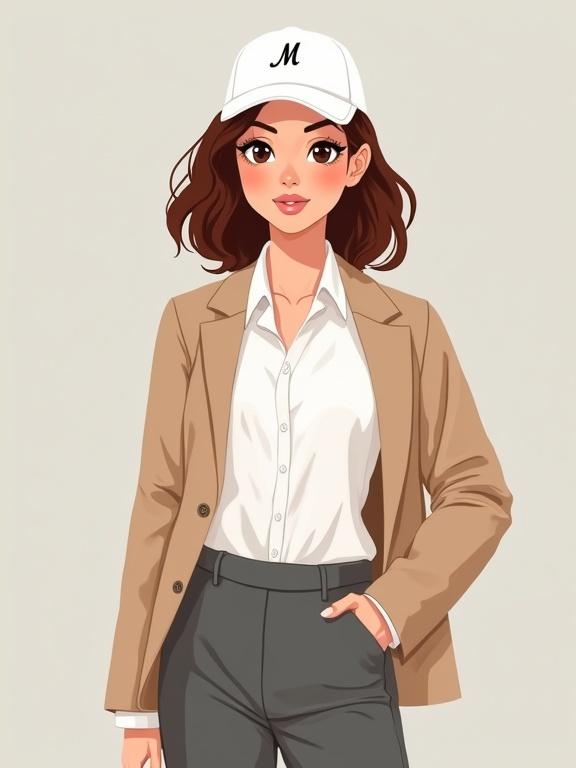 Create the character SARA, a 35-year-old Colombian woman with medium brown hair in a neat low ponytail. She has expressive brown eyes and a friendly, professional smile. She wears a burgundy journalist-type vest over a long-sleeve white blouse and dark gray formal pants. A white trucker cap with a subtle 'M' logo is on her head. Light gray flat background. The overall look conveys confidence and approachability.
