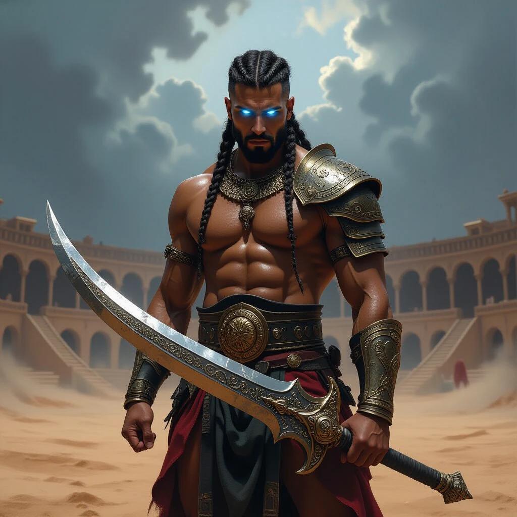 Oil painting of a mysterious Arabian gladiator in a desolate arena. The gladiator has bronze skin and is holding a heavy curved sword. His hair is braided and he wears an armguard. The scene has swirling storm clouds and a dramatic atmosphere. Focus on intricate details and best quality.
