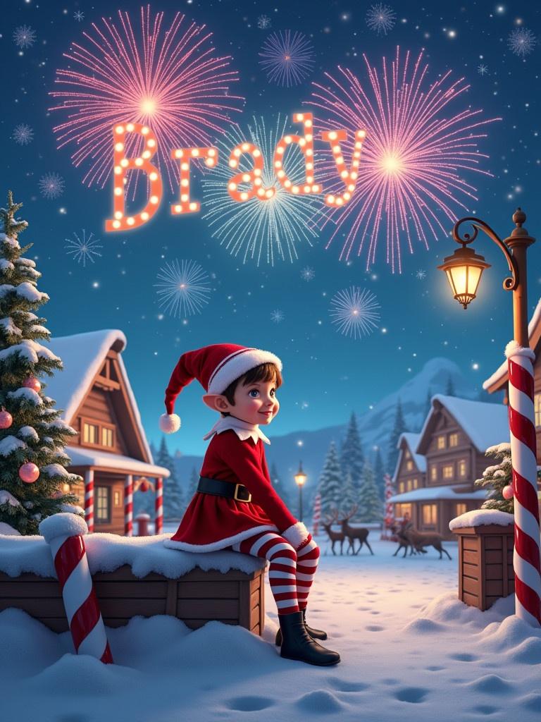 A snowy scene depicting a North Pole with festive lighting. A boy elf named Brady is seated joyfully on a shelf. Fireworks illuminate the night sky, crafting his name in colorful lights. Enchanting Christmas atmosphere surrounds with Santa's workshop and reindeer present in the background.