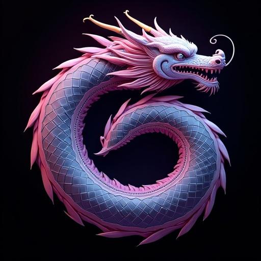 Highly detailed oriental dragon in realistic 3D vector style seen from above coiled in perfect spiral. Tail forms a spiraling vortex at the center. Design retains traditional structure with majestic head and elongated body in sections forming spiral to tail at deep center. Uses mystical color palette of deep purple bright violet radiant gold with white highlights for volume. Background is completely black for contrast and symbolism.