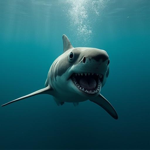 A shark dog swimming underwater. The creature has characteristics of both a shark and a dog. Show it swimming with an open mouth. Capture the underwater environment and light.