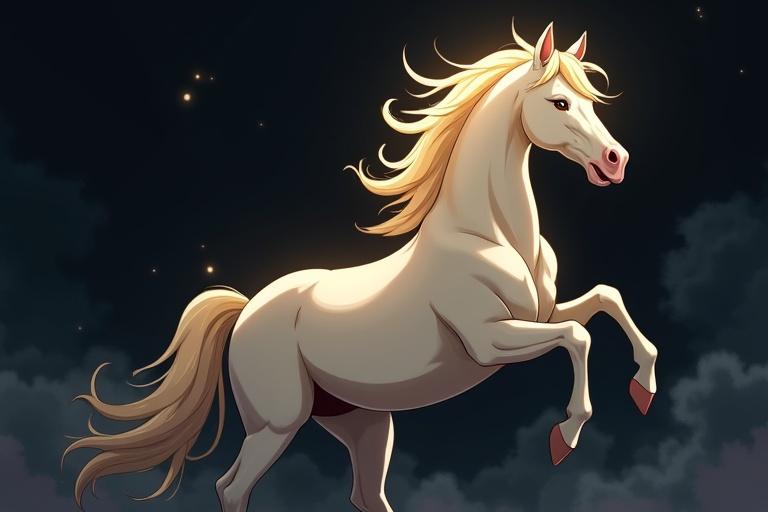A majestic palomino horse rearing up in an anime style. Background is dark and swirling, creating a dramatic contrast.