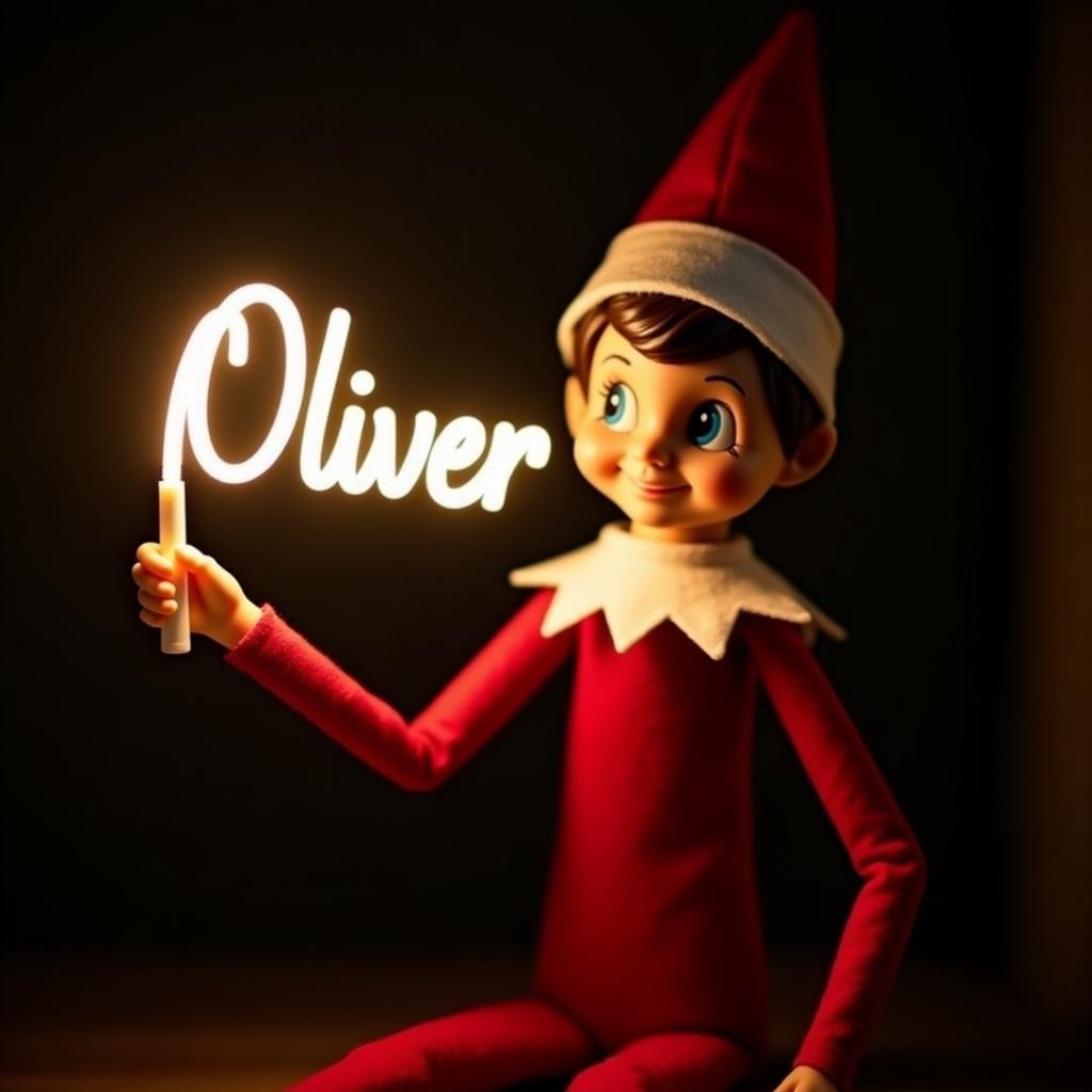 This image features an adorable elf on the shelf character, dressed in traditional red and white attire. The elf holds a glow stick that illuminates the name 'Oliver' in a soft, bright light. The background is dark, enhancing the warm glow of the text and creating a festive mood. This scene captures the magic and joy associated with the holiday season. It embodies the spirit of Christmas celebrations, bringing feelings of cheer and nostalgia.