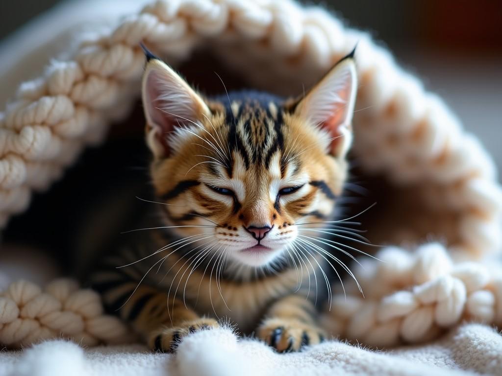 A sleeping Bengal kitten nestled under a chunky knit blanket.