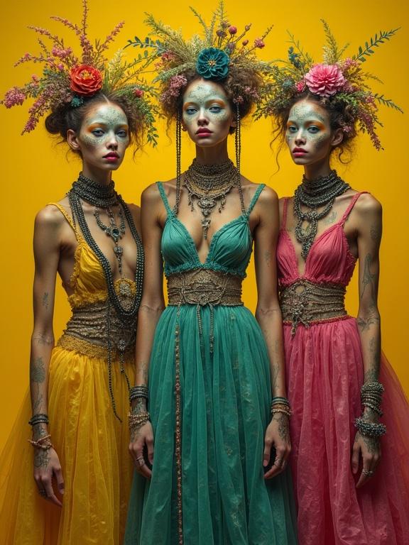Surreal whimsical portrait featuring three models. They wear sheer, tanned skin. Attire is eccentric in shades of green, magenta, yellow, and blue. Background is contrasting in yellow ocher and burnt sienna. Hyperdetailed elements showcase intricate designs.