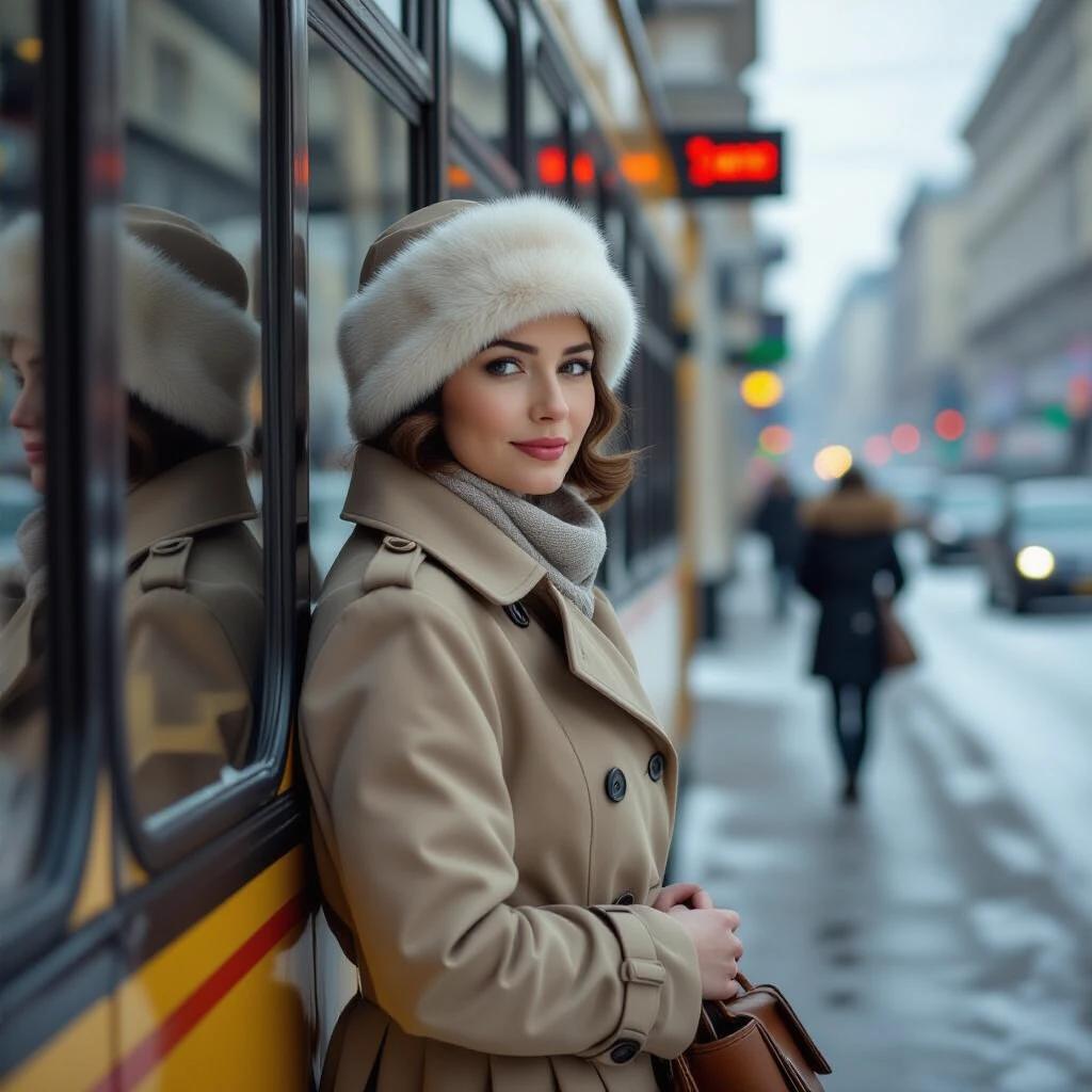 A beautiful woman wears an ushanka fur hat and a knee-length beige trench coat. She stands next to a fogged tram window. The scene captures light snowfall in an urban setting of Moscow in 1975. Soft daylight creates an atmosphere of nostalgia. The woman turns her head sideways towards the photographer. A moving tram in the background adds to the city's ambiance. Elements include vintage street lamps and bare trees, creating a moody winter scene.