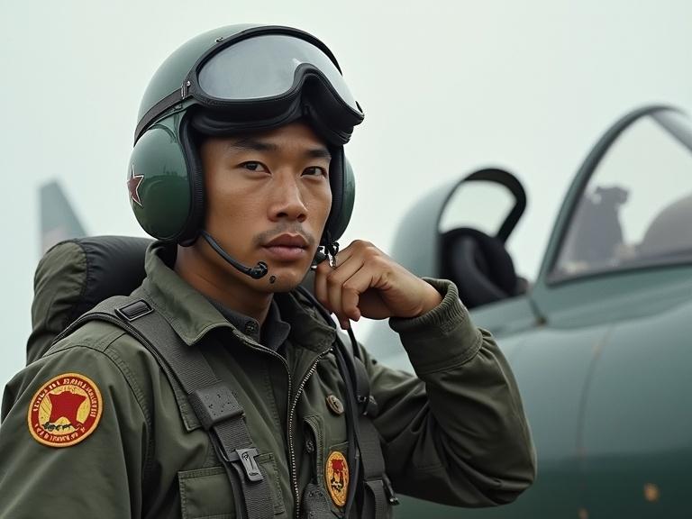 Chinese male fighter pilot from the 1960s appears confident with cockpit in background. Dressed in flight suit and helmet. Realistic photo capturing military aviation spirit.