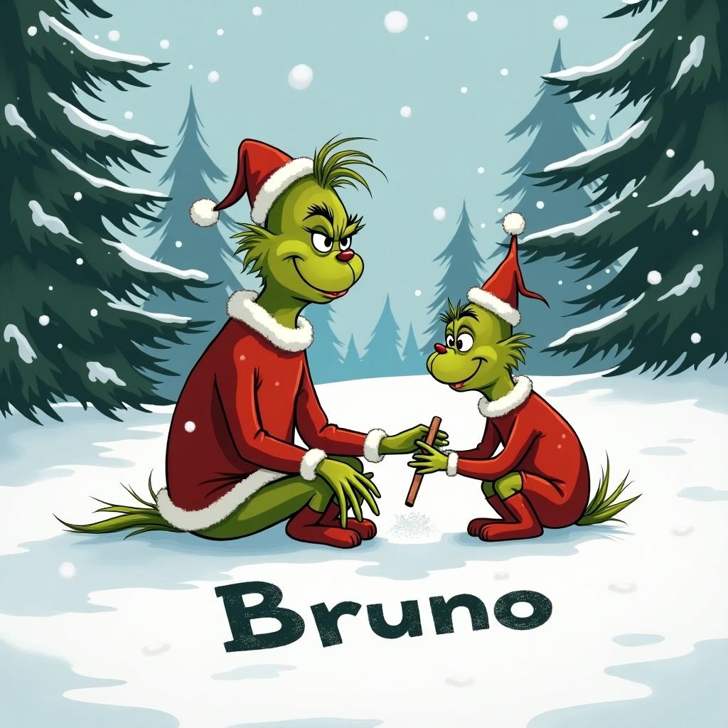 The Grinch and Max sit on snowy ground. They write the name 'Bruno' in the snow. Evergreen trees are in the background. Snowflakes are falling.