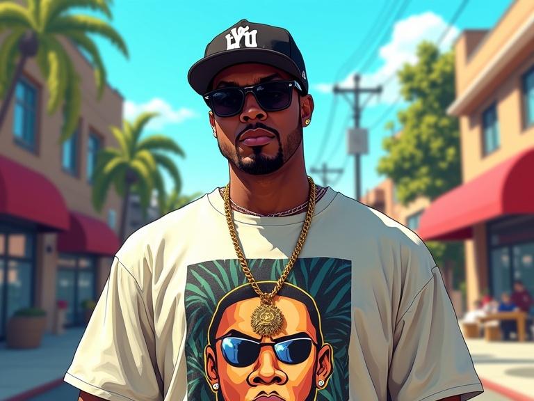 Illustration of a Black male rapper standing on a street. He looks directly at the camera. Full frontal view. Bright sunny day. Urban street scene in GTA art style. Wearing graphic t-shirt and gold chain. Snapback cap adds to streetwear appeal. Background shows detailed lively urban environment.