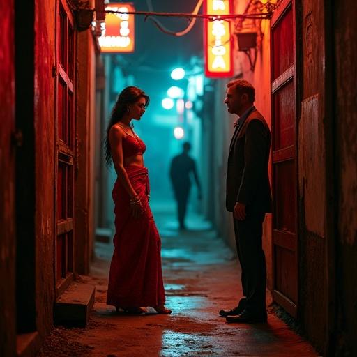 A woman in a crimson sequined sari stands confidently in a dark alley. Neon signs illuminate the scene. A man in a suit approaches her. A shadowy figure appears in the background. The atmosphere is tense and alluring. The woman's expression blends vulnerability and confidence.