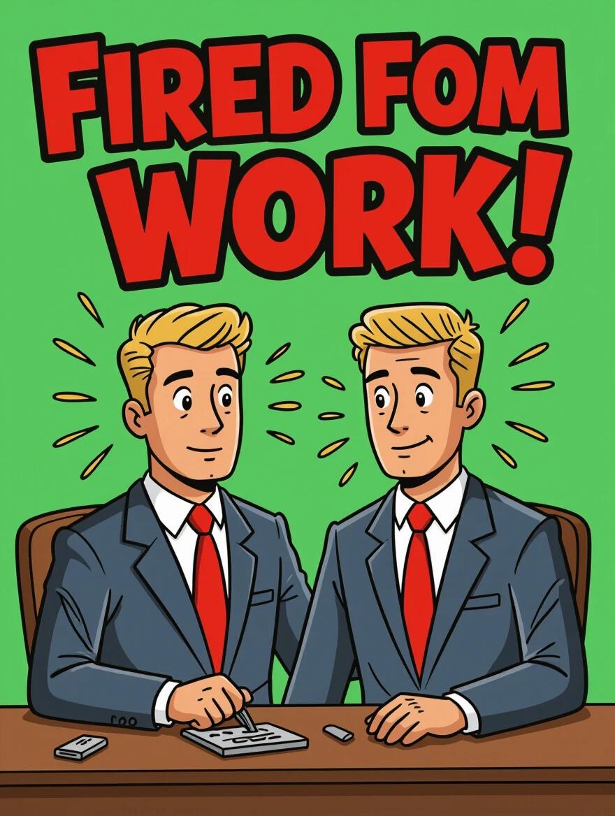Two blond men in suits are sitting at a desk. They look comically shocked as they have been fired. The background is bright green. This is a comic style illustration.
