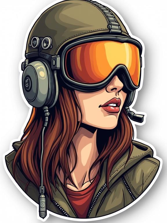 Sticker design featuring a beautiful woman aviator with a helmet and goggles. Rich earthy tones. Detailed vector art.