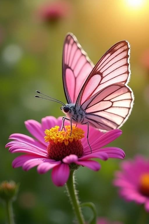 Close-up of a butterfly with pink and white colors perched on a vibrant pink flower. Sunlight highlights the scene with a blurred garden background.